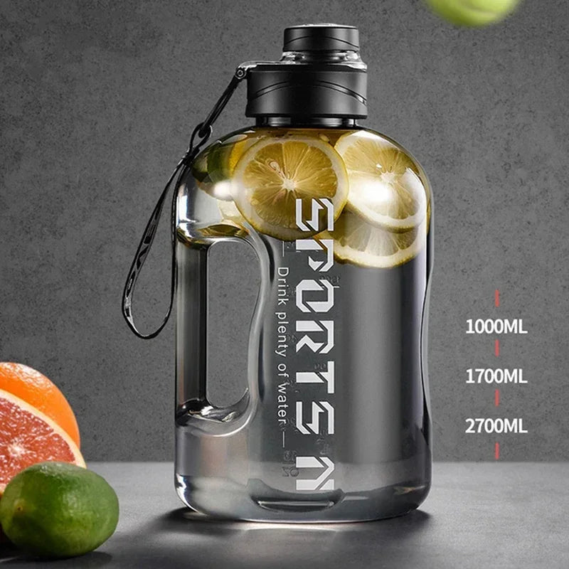 Botella de agua deportiva de 1,7 l/2,7 l para gimnasio, ciclismo, portátil, de gran capacidad, para fitness, camping, para hombre.