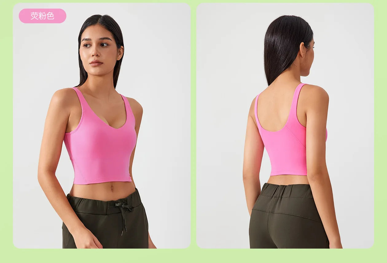 Sujetador deportivo para mujer, top de yoga con almohadilla fija para el pecho, chaleco de gimnasio a prueba de golpes, ropa de entrenamiento, top corto de fitness con espalda en forma de U