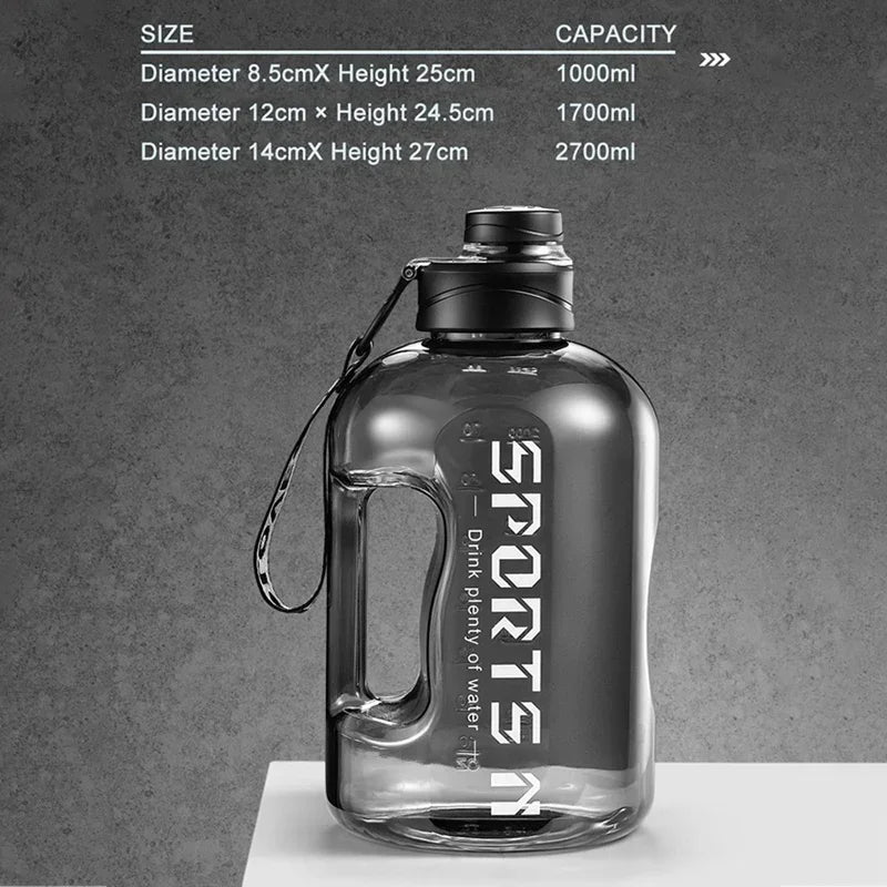Botella de agua deportiva de 1,7 l/2,7 l para gimnasio, ciclismo, portátil, de gran capacidad, para fitness, camping, para hombre.